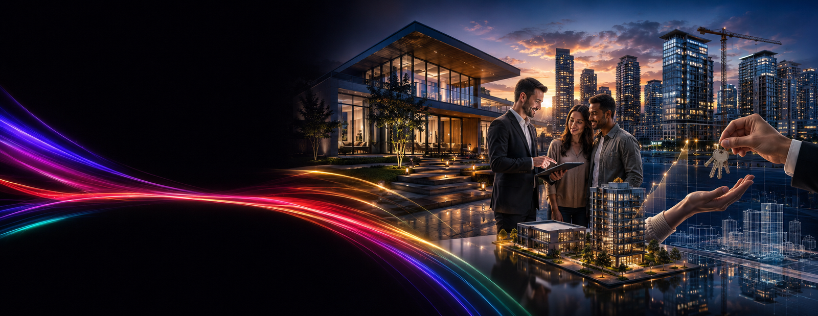 Real estate marketing visual showing a modern property and digital presentation
