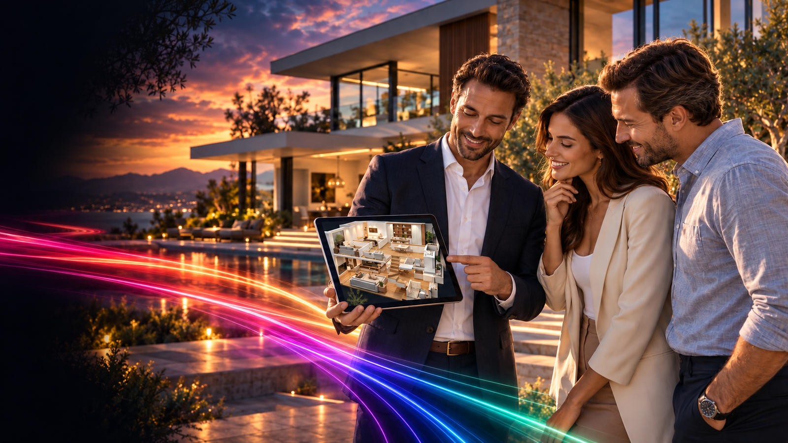 Real estate agent showing prospective buyers a 3D cutaway model of their luxury home on a tablet, with neon light trails.